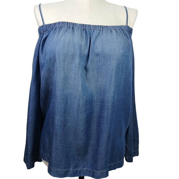 Cloth & Stone SZ M 100% Viscose Blue Chambray Off-Shoulder Top - Picture 3 of 7